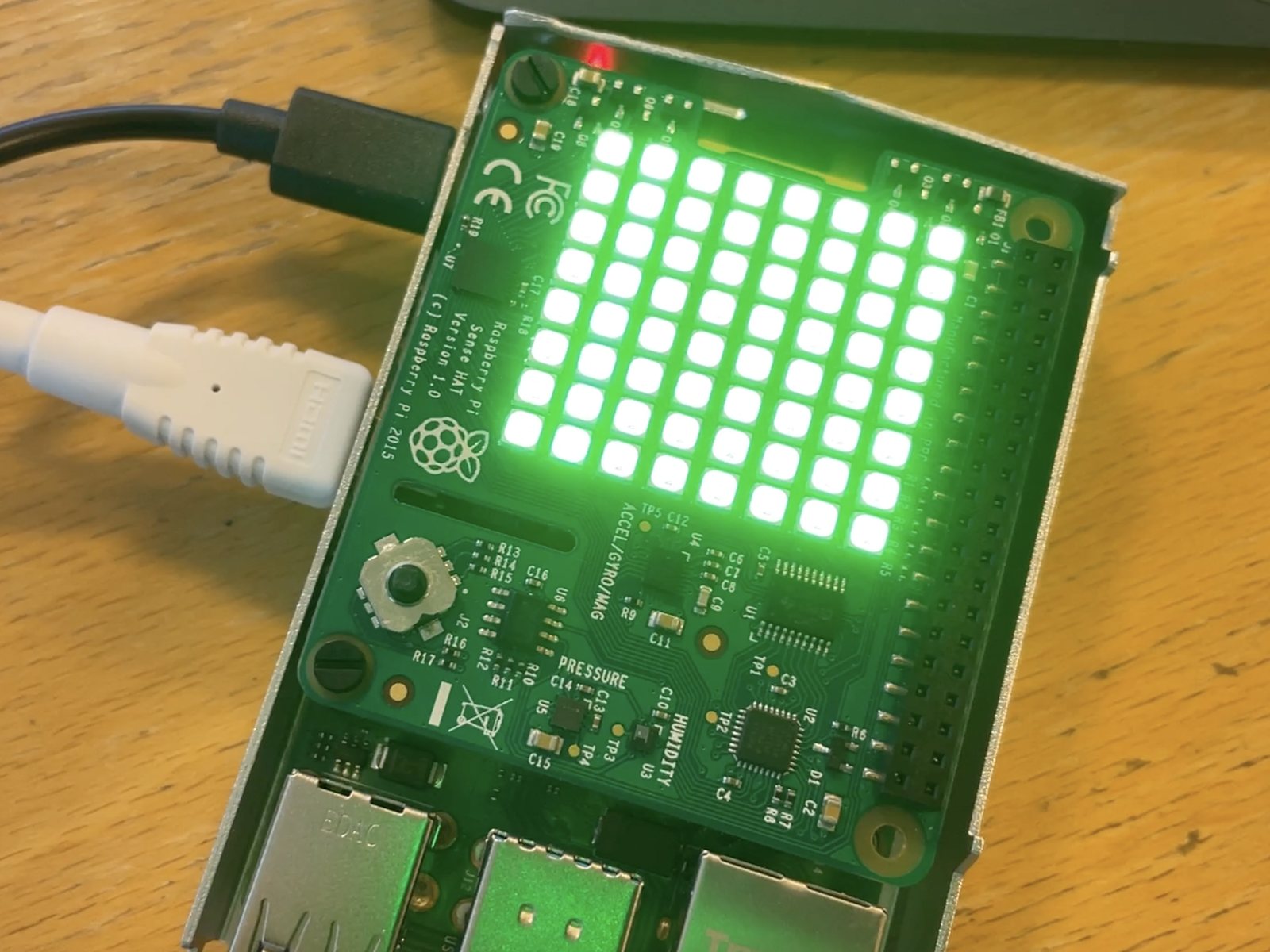 Sense HAT LED matrix showing battery level